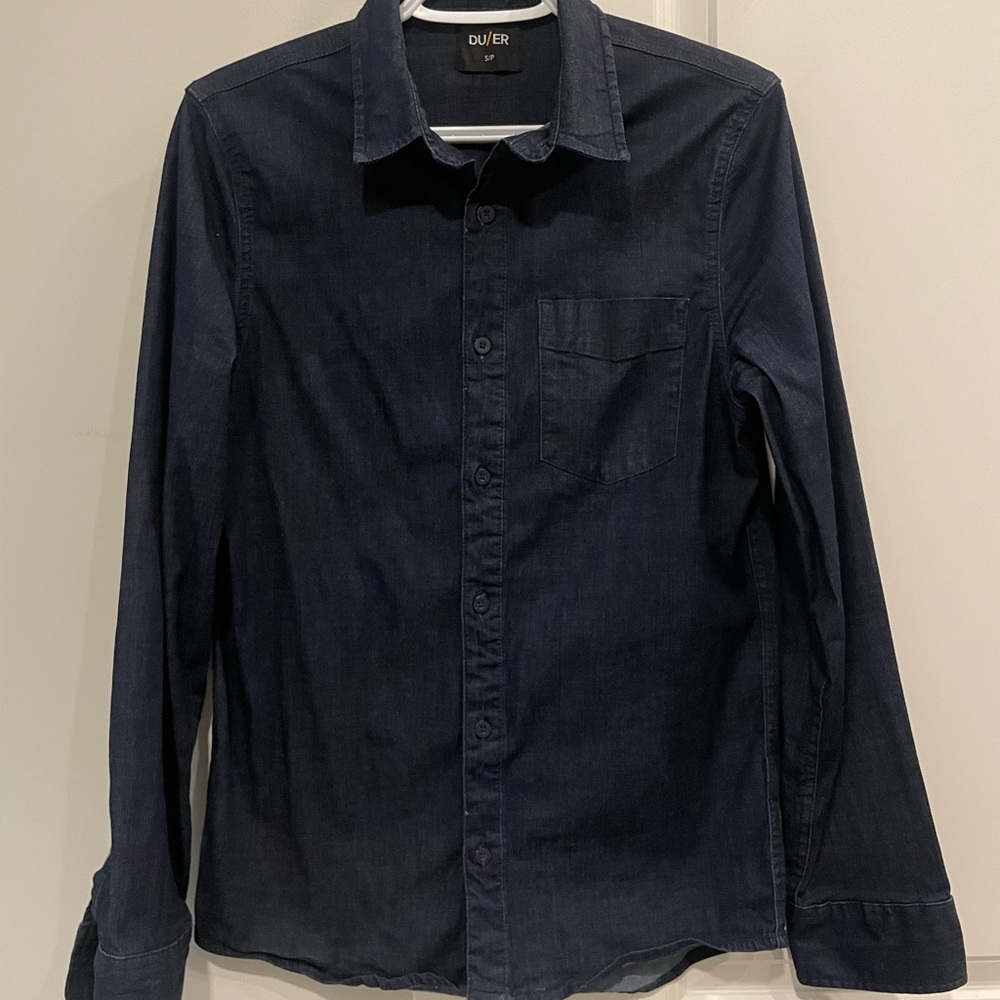 DU/ER Blue Denim Stretch Performance button down shirt